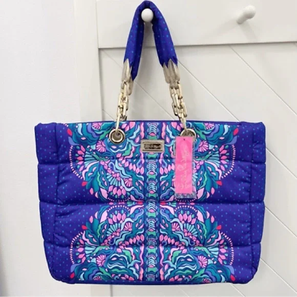 Lilly Pulitzer Baytown Puffer Tote Cabochon Purple Bonita Babe Engineered - Picture 4 of 5